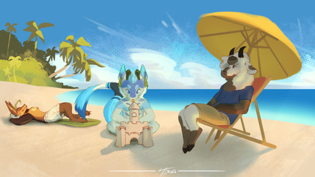 anthro beach beach_chair beach_umbrella blue_body blue_fur brown_body brown_fur brown_wool collar collar_only fur grass_hair group hands_behind_head hooves horn leaf leaf_tail lounging male male/male nude palm_tree parasol plant relaxing sand_castle sculpture sea sitting tail tree trio water white_body white_fur white_wool wool_(fur) tatucapy aqua_(hydro19) hydro_(hydro19) kalei_(hydro19) bovid caprine domestic_sheep elemental_creature flora_fauna furred_kobold furred_scalie hybrid jacob_sheep kobold lumistera mammal scalie sheep 16:9 4k absurd_res hi_res widescreen