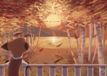 anthro cane clothed clothing crossed_arms male outside plant rear_view solo sun sunset tree water yitexity disney zootopia nick_wilde canid canine fox mammal red_fox true_fox 2017 absurd_res hi_res signature