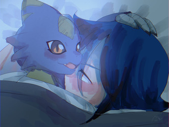 anthro blue_body blue_hair blue_scales blush claws digiphilia duo hair hand_on_head interspecies love_bite male male/male open_mouth open_smile orange_eyes petting red_eyes scales smile under_covers mkz_kabeuchi bandai_namco digimon digimon_beatbreak raito_souda digimon_(species) human mammal monodramon scalie 4:3 chromatic_aberration digital_media_(artwork) digital_painting_(artwork) hi_res painting_(artwork)