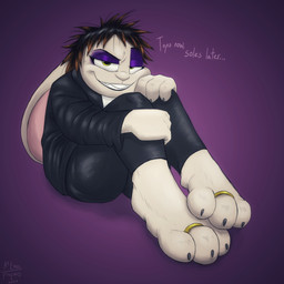 anthro bottomwear clothing dialogue digit_ring eyeshadow feet foot_fetish foot_focus fur green_eyes hands_on_knees hands_on_legs highlights_(coloring) jacket jewelry leather leather_bottomwear leather_clothing leather_jacket leather_pants leather_topwear looking_at_viewer makeup naughty_face pants purple_background ring simple_background smile smiling_at_viewer toe_ring toes topwear white_body white_fur a9ymus stephanie_(a9ymus) 1:1 2025 absurd_res digital_media_(artwork) hi_res