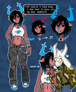 adolescent aged_up alternative_fashion anthro antlers belt black_hair blue_antlers blue_hair blue_nose blush bottomwear bracelet brown_body brown_fur buckteeth choker clothed clothed_female clothing clothing_pull collared_shirt crop_top denim denim_bottomwear denim_clothing dialogue dress_shirt ear_piercing ear_ring emo eyewear female freckled_face freckles fully_clothed fully_clothed_female fur glasses hair highlights_(coloring) horn jeans jewelry kissing midriff navel navel_piercing necklace necktie necktie_pull pants piercing ring_piercing romantic romantic_couple shirt smile solo tattoo teeth text text_box topwear wearing_glasses young vaporeight deltarune undertale undertale_(series) asriel_dreemurr dess_holiday bovid caprine deer goat mammal monster new_world_deer reindeer 5:6 absurd_res english_text hi_res