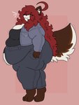 ahoge anthro belly big_belly big_breasts biped bottomwear breasts butt clothed clothing curvy_figure denim denim_bottomwear denim_clothing denim_jacket denim_topwear female fur hair jacket jeans long_hair looking_at_viewer obese obese_anthro obese_female overweight overweight_anthro overweight_female pants red_eyes red_hair simple_background smile solo tail thick_thighs topwear wide_hips mexifurfoof maple_(mexifurfoof) canid canine fox mammal 3:4 digital_drawing_(artwork) digital_media_(artwork) hi_res