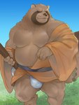 anthro asian_clothing belly big_belly brown_body brown_fur bulge clothing east_asian_clothing eyes_closed fundoshi fur humanoid_hands japanese_clothing kemono male moobs musclegut muscular nipples outside overweight overweight_male solo underwear white_clothing white_fundoshi white_underwear fug@9 dragon_quest square_enix canid canine mammal raccoon_dog ronin_raccoon tanuki 2023 3:4