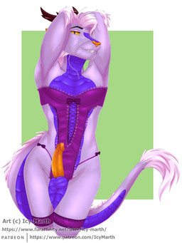 anthro balls belly brown_horn clothing femboy genitals hair horn lingerie male orange_nose penis pink_hair pose purple_belly purple_body solo text whiskers icy-marth mythology dragon eastern_dragon mythological_creature mythological_scalie scalie 3:4 hi_res pinup url