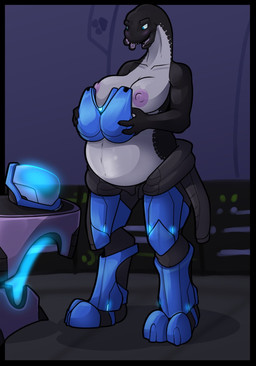 areola armor armor_plates black_body blue_eyes breasts clothed clothing female holding_object looking_down nipples pink_areola pink_nipples pregnant pregnant_female solo standing topless topless_female white_body bastiel halo_(series) microsoft xbox_game_studios alien sangheili 2026 digital_drawing_(artwork) digital_media_(artwork) hi_res