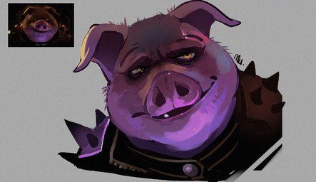 anthro armor floppy_ears grey_background male overweight pauldron pig_snout simple_background smile smirk snout solo mu_963 nintendo star_fox star_fox_(2026) pigma_dengar domestic_pig mammal suid suine sus_(pig) 2026 headshot_portrait portrait