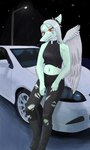 anthro biped black_bottomwear black_clothing black_crop_top black_pants black_shirt black_topwear blue_body blue_scales bone_frill boots bottomwear breasts car cigarette clothed clothed_anthro clothed_female clothing crop_top elbow_feathers eyeshadow feathered_wings feathers female footwear frill_(anatomy) grey_body grey_feathers grey_hair hair knee_boots knee_highs legwear long_hair looking_at_viewer makeup medium_breasts midriff navel night non-mammal_breasts orange_eyes outside pants scales shirt shoes sitting smile solo star street_lamp text topwear torn_bottomwear torn_clothing torn_pants vehicle wings ashtober cavemanon_studios goodbye_volcano_high snoot_game fang_(gvh) prehistoric_species pterodactylus pterosaur reptile scalie 3:5 artist_name colored full-length_portrait hi_res portrait shaded