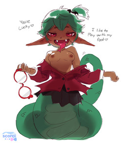 apode areola breasts emanata exposed_breasts eyewear female glasses glasses_off green_hair hair heart_symbol humanoid_pointy_ears legless living_tail looking_at_viewer nipples pointy_ears ponytail red_eyes serpentine sharp_teeth shirt_down simple_background snake_tail split_form tail talking_to_viewer teeth text unusual_anatomy unusual_tail scorci ruki_(poppycorn) draconcopode humanoid lamia reptile scalie snake 2025 english_text hi_res