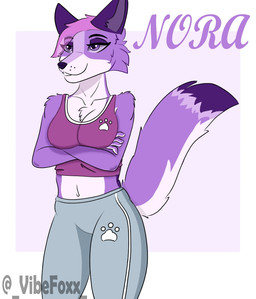 anthro anthrofied bottomwear breast_squish breasts clothed clothing female fur hair holding_breast multicolored_body multicolored_fur multicolored_hair multicolored_tail pants purple_body purple_eyes purple_fur simple_background simple_drawing solo sportswear squish tail thick_thighs topwear white_body white_fur wide_hips vibefoxx nora_(vibefoxx) canid canine canis fox mammal