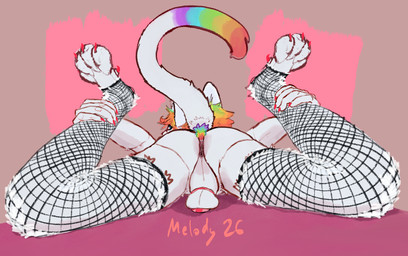anthro anus backsack balls blue_eyes chastity_cage chastity_device claws clothing colored_nails colored_toenails dark_anus dark_perineum darkened_anus feet fishnet_clothing fur fur_tuft genitals hair hindpaw hyperpigmentation looking_at_viewer looking_back looking_back_at_viewer male multicolored_body multicolored_fur multicolored_hair nails paws pink_chastity_cage pink_chastity_device rainbow_body rainbow_fur rainbow_hair raised_tail rear_view solo spread_legs spreading tail text toenails toes tuft white_body white_fur melodybun revy_(revy) domestic_cat felid feline felis mammal digital_media_(artwork) draw_over english_text hi_res