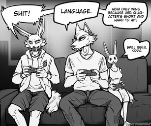 angry anthro bottomwear clothing controller family female furniture game_controller group husband_and_wife jacket male married_couple profanity scolding shorts smug_face sofa text topwear trio yelling sunny_frostwolf beastars haru_(beastars) legoshi's_chimera_(beastars) legoshi_(beastars) canid canine canis hybrid lagomorph leporid mammal rabbit wolf english_text greyscale hi_res monochrome father_(lore) father_and_child_(lore) father_and_son_(lore) mother_(lore) mother_and_child_(lore) mother_and_son_(lore) parent_(lore) parent_and_child_(lore) parent_and_son_(lore) son_(lore)
