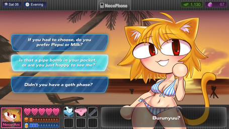 beach bikini blonde_hair blush breasts cleavage clothed clothing dialogue_box dialogue_options female gameplay_mechanics hair huge_hips inner_ear_fluff midriff navel panties pattern_bikini pattern_clothing pattern_swimwear pink_clothing pink_panties pink_underwear pipe_bomb pupils red_eyes seaside slit_pupils small_waist solo striped_bikini striped_clothing striped_swimwear stripes sunset swimwear tail text thick_thighs tissue_box tuft two-piece_swimsuit underwear wide_hips iseenudepeople huniepop tsukihime type-moon neco-arc animal_humanoid cat_humanoid felid felid_humanoid feline feline_humanoid humanoid mammal mammal_humanoid neco_spirit tailed_humanoid 16:9 2025 english_text hi_res widescreen