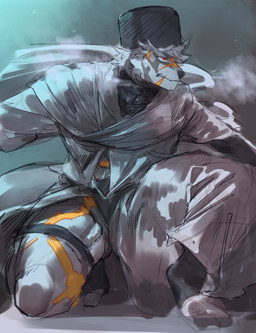 action_pose anthro breath cassock clothed clothing crouching fur grey_body grey_fur hair male mostly_nude muscular muscular_thighs no_underwear panting pose red_eyes robe robe_only scar solo white_body white_fur white_hair kzy_r9877 lifewonders tokyo_afterschool_summoners q'ursha_(tas) canid canine canis domestic_dog mammal hi_res