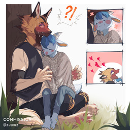 anthro blue_body blue_fur blush blush_lines bodily_fluids brown_body brown_fur claws clothed clothing cuddling duo eyes_closed finger_claws fluffy fluffy_tail fur heart_symbol hooves horn intimate jewelry male male/male necklace on_lap outside pawpads paws pointy_ears romantic romantic_couple scut_tail short_tail sitting sitting_on_lap size_difference sweat sweatdrop sweater tail tan_body tan_fur topwear white_body white_fur zuekrz animal_crossing nintendo kyle_(animal_crossing) sherb_(animal_crossing) african_wild_dog bovid canid canine caprine goat mammal hi_res