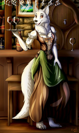 4_toes albino alcohol anthro bar_table barefoot barrel beverage beverage_bottle biped bottle breasts building cheek_tuft claws clothed clothed_anthro clothed_female clothing container cup detailed_background digitigrade drinking_glass facial_tuft fantasy feet female female_anthro finger_claws fingers fluffy fluffy_tail fur furniture glass glass_container glass_cup hair holding_object looking_at_viewer medieval medieval_architecture medieval_clothing medieval_fantasy medieval_style neck_tuft open_mouth paws red_eyes serving serving_tray smile smiling_at_viewer solo stone_wall stool table tail teeth toe_claws toes tongue tuft wall_(structure) white_body white_fur wine wine_glass wood wood_furniture ranthfox chimi_keeki canid canine canis mammal wolf digital_media_(artwork) hi_res