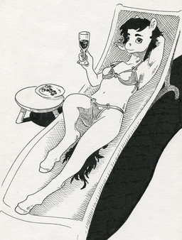 anthro chair clothed clothed_anthro clothing container cup drinking_glass female furniture glass glass_container glass_cup holding_object hooves looking_at_viewer lounge_chair simple_background solo swimsuit_only tail unguligrade wine_glass adeptus-monitus equid equine horse mammal pony black_and_white monochrome traditional_media_(artwork)