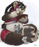3_toes 4_fingers accessory anthro bangs barefoot belly between_legs big_breasts biped black_hair black_nose black_pawpads blue_clothing blue_shirt blue_topwear bottomwear bowl breasts brown_body brown_fur brown_toe_claws chopsticks claws clothed clothed_anthro clothed_female clothed_male clothing container countershade_face countershade_feet countershade_fur countershading crossed_legs dipstick_ears duo ear_markings ear_piercing ear_ring ear_stud eating eyebrows eyelashes facial_markings feet female female_anthro finger_claws fingerpads fingers food fur gloves_(marking) green_eyes grey_body grey_fur grey_pawpads hair hair_accessory hair_sticks hairpin head_markings holding_bowl holding_chopsticks holding_container holding_object inner_ear_fluff larger_anthro larger_female leg_markings long_hair looking_at_food looking_at_object looking_down male male/female male_anthro markings mask_(marking) midriff monotone_background multicolored_body multicolored_ears multicolored_fur multicolored_hair noodles overweight overweight_anthro overweight_female pawpads paws piercing pink_pawpads plantigrade ponytail red_bottomwear red_clothing red_hair red_shorts red_topwear ring_piercing shirt shorts simple_background sitting size_difference smaller_anthro smaller_male smile socks_(marking) soles toe_claws toes topwear tuft two_tone_body two_tone_fur two_tone_hair whisker_spots white_background white_body white_claws white_countershading white_eyebrows white_finger_claws white_fur white_inner_ear white_toe_claws teaselbone blizzard_entertainment warcraft magicpawz teaselbone_(character) bear canid canine canis mammal pandaren wolf 2018 digital_media_(artwork) shaded signature