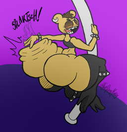 anthro big_butt black_clothing black_topwear black_vest boots bracelet brown_hair butt butt_ripples butt_slap clothing curvy_figure dancing ear_piercing ear_ring eyelashes eyewear facial_markings fangs femboy footwear hair half-closed_eyes head_markings high_heeled_boots high_heels huge_butt huge_thighs jewelry legband legwear looking_at_butt male markings muzzle_(marking) narrowed_eyes open_mouth open_smile piercing pole pole_dancing ring_piercing shoes slap slapping_own_butt slapping_self smile snout snout_markings solo spiked_bracelet spiked_legband spikes sunglasses teeth thick_thighs thigh_boots thigh_highs toony topwear twitter_handle vest thatdawgmurray goanimate snappy_(goanimate) bear mammal hi_res