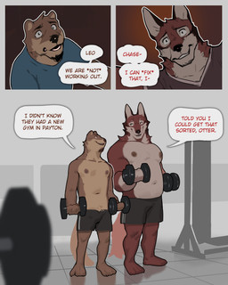 anthro athletic_wear barefoot black_body black_facial_hair black_fur black_goatee black_nose bottomwear brown_body brown_fur clothed clothing dialogue dumbbell duo exercise eyebrows facial_hair feet fur goatee gym gym_bottomwear gym_shorts humor male navel nipples pun red_body red_fur shirt shorts speech_bubble tail tan_body tan_fur text topless topless_anthro topless_male topwear underwear weightlifting weights white_body white_fur workout alexyz_kun echo_(game) echo_(series) echo_project chase_hunter leo_alvarez asian_small-clawed_otter canid canine canis mammal mustelid otter red_wolf wolf 4:5 absurd_res comic english_text hi_res