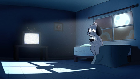 anthro bed bedroom black_ears depressing electronics fur furniture grey_body grey_fur male moon night phone photo pillow plant solo static table television tree window worried worried_face worried_look navipal ward_(navipal) canid canine canis domestic_dog mammal 16:9 colored digital_drawing_(artwork) digital_media_(artwork) hi_res model_sheet picture_in_picture shaded widescreen