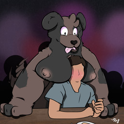 anthro bar big_breasts blush breasts casual_nudity cutlery duo faceless_character female floppy_ears fluffy food fork fur furniture head_between_breasts kitchen_utensils leaning_on_table male neon_lights nipples nude paws public public_nudity sandwich_(food) silhouetted_body size_difference smile surprised table tail tail_motion tailwag tongue tongue_out tools str8aura-no-not-that-one canid canine canis domestic_dog human mammal 1:1 absurd_res hi_res