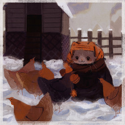 ambiguous_gender anthro black_eyes blush border brown_body brown_fur cat_smile chicken_coop clothing coat day detailed_background eyebrow_whiskers fence feral fur handwear hat headgear headwear mittens orange_clothing orange_hat orange_headwear outside scarf smile snow solo text topwear whiskers white_border ktpiwo avian bird chicken domestic_cat felid feline felis galliform mammal phasianid 1:1 2023 absurd_res english_text hi_res