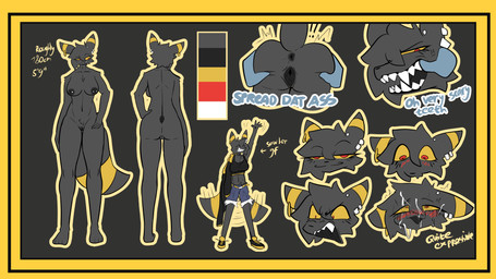 anthro blush bodily_fluids border breasts butt clothed clothing ear_piercing female fur genitals nipple_piercing nipples nude piercing pokemorph simple_background smile solo spread_butt spreading standing tail teeth text vulva yellow_border brradett nintendo pokemon zarya_(brradett) eeveelution generation_2_pokemon mammal pokemon_(species) umbreon 16:9 4k absurd_res colored digital_media_(artwork) english_text hi_res model_sheet widescreen