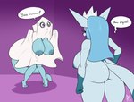 anthro areola big_breasts big_butt blue_areola blue_nipples breasts butt dialogue duo exposed_breasts female ghost_costume nipples sarcasm tail appelknekten nintendo pokemon eeveelution generation_1_pokemon generation_4_pokemon glaceon pokemon_(species) vaporeon