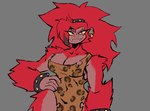 animal_print anthro bare_shoulders big_hair bracelet breasts caveman cleavage clothed clothing ear_piercing ear_ring eyebrow_piercing facial_piercing fangs female fluffy fur grey_background hair hand_on_hip jewelry leopard_print long_hair piercing red_body red_fur red_hair ring_piercing simple_background smile solo spiked_bracelet spikes teeth tied_hair aaaaaron122 haplorhine mammal monkey primate digital_drawing_(artwork) digital_media_(artwork) flat_colors hi_res