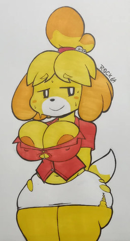 accessory big_breasts black_eyes bodily_fluids bottomwear breasts clothing collared_shirt dress_shirt female fur hair_accessory hair_tie red_clothing red_shirt red_topwear shirt shirt_too_small skirt solo sweat topwear torn_clothing white_bottomwear white_clothing white_skirt wide_hips yellow_body yellow_fur rockstar66 animal_crossing nintendo isabelle_(animal_crossing) canid canine canis domestic_dog mammal hi_res