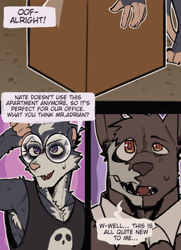 3_panel_comic anthro black_body black_fur bodily_fluids bone box clothed clothing container dialogue duo eyewear fur glasses male muscular open_mouth round_glasses skull skull_head speech_bubble sweat teeth text topwear wearing_glasses king_slabu adrian_(king_slabu) nolan_(king_slabu) american_opossum canid canine canis domestic_dog mammal marsupial spirit virginia_opossum comic digital_media_(artwork) english_text hi_res