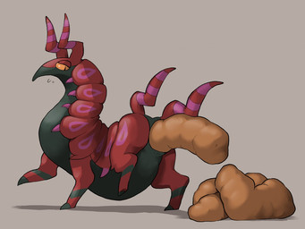 ambiguous_gender ambiguous_pooping anus black_body brown_background butt excessive_feces feces feces_pile feral hyper hyper_feces hyper_feces_pile looking_back markings narrowed_eyes orange_sclera pooping pooping_on_floor purple_body red_body scatplay simple_background solo striped_body stripes mvsnake nintendo pokemon generation_5_pokemon pokemon_(species) scolipede 4:3