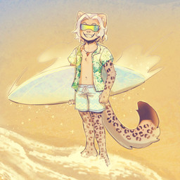 aloha_shirt anthro beach blue_clothing blue_hair blue_swimming_trunks blue_swimwear clothed clothing elemental_manipulation eyewear grin hair ice ice_hair ice_manipulation male navel open_clothing open_shirt open_topwear pattern_clothing pattern_shirt pattern_topwear pink_nose sand shark_tooth_necklace shirt smile solo sunglasses sunglasses_on_face surfboard swimming_trunks swimwear topwear wave wearing_sunglasses fiuefey jokull_(iceboundsnep) felid mammal pantherine snow_leopard 1:1 absurd_res hi_res