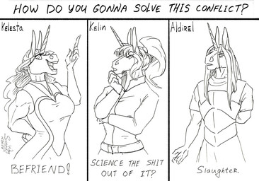 alacorna aldirel anthro equis_universe female group horn humor male muscular question trio sunny_way mythology celestin kelesta kelin equid equine horse mammal mythological_creature mythological_equine unicorn half-length_portrait portrait traditional_media_(artwork)