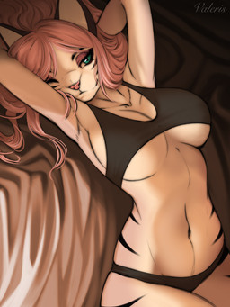 anthro bangs big_breasts black_clothing black_crop_top black_panties black_shirt black_stripes black_topwear black_underwear blue_eyes breasts clothing collarbone crop_top female fur hair hands_behind_head long_hair looking_at_viewer lying navel on_back one_eye_closed panties pink_eyelids pink_hair pink_nose shirt small_waist smile solo stripes topwear under_boob underwear white_body white_fur valeris domestic_cat felid feline felis mammal 2024 colored digital_drawing_(artwork) digital_media_(artwork) hi_res shaded