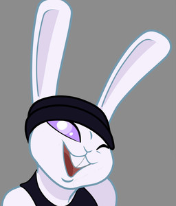 anthro beanie big_teeth blue_eyes buckteeth clothing hat headgear headwear male one_eye_closed open_mouth rabbit_ears selfie shirt simple_background smile smiling_at_viewer solo tank_top teeth topwear wink villegreen lagomorph leporid mammal rabbit headshot_portrait hi_res portrait