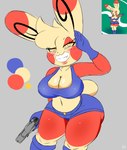 anthro before_and_after big_breasts blush boots breasts cleavage clothed clothing color_swatch eyelashes female footwear gesture gloves gun hair handgun handwear midriff navel nipple_slip nipples pistol pokemorph ranged_weapon salute shoes short_stack simple_background solo spiral_eyes thick_thighs weapon wide_hips kirbot12 nintendo pokemon fan_character micki_(kirbot12) generation_3_pokemon pokemon_(species) spinda