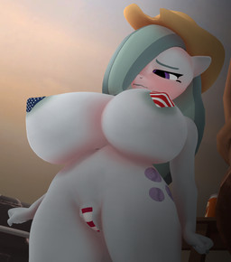 anthro areola big_breasts biped blush breasts clothing cowboy_hat cutie_mark eyelashes female grey_body hat headgear headwear maebari outside pasties pupils purple_eyes solo thick_thighs purplefondue friendship_is_magic hasbro my_little_pony marble_pie_(mlp) equid equine mammal 3d_(artwork) digital_media_(artwork) hi_res