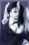 anthro black_hair blue_eyes blush breasts choker cleavage clothed clothing collar cutie_mark eating female food freckles hair jewelry lipstick makeup necklace panties pendant pink_lipstick solo sweater topwear underwear wings fairdahlia hasbro my_little_pony mythology pocky fan_character lamika equid equine mammal mythological_creature mythological_equine pegasus absurd_res hi_res