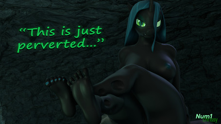 anthro black_body blue_nails blue_nipples blue_toenails breasts cave colored_nails disgusted_expression disgusted_face feet female foot_fetish genitals glowing glowing_eyes green_eyes hair humanoid_feet inside nails nipples plantigrade solo speech_bubble text toenails toes num1chrissy friendship_is_magic hasbro my_little_pony queen_chrysalis_(mlp) changeling_(mlp) 16:9 3d_(artwork) digital_media_(artwork) source_filmmaker_(artwork) widescreen