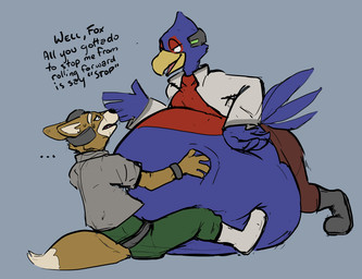 anthro beak belly belt big_belly blue_body blue_feathers bodily_fluids boots bottomwear clothed clothing dialogue dipstick_tail duo ellipsis feathers footwear fur hair half-closed_eyes hand_on_belly headgear huge_belly imminent_smothering jacket male male/male markings narrowed_eyes open_bottomwear open_clothing open_pants orange_body orange_fur overweight overweight_male pants pilot_uniform pinned_by_belly shirt shoes sitting smile sweat sweatdrop tail tail_markings tan_body tan_fur tan_hair teasing text topwear wristband saphiros nintendo star_fox falco_lombardi fox_mccloud avian bird canid canine fox mammal 2020 english_text hi_res