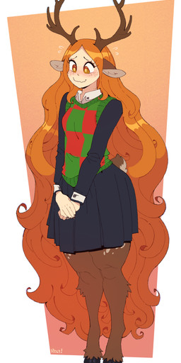 antlers blush bottomwear brown_body brown_fur clothing female freckles fur hair hooves horn light_body light_skin long_hair looking_down markings nervous nervous_smile orange_hair scut_tail short_tail skirt smile solo spots spotted_body spotted_fur spotted_markings sweater sweater_vest tail tan_spots topwear vest roly deltarune undertale_(series) freya_agalith noelle_holiday animal_humanoid deer deer_humanoid faun humanoid mammal mammal_humanoid 2025 hi_res
