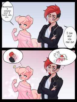 5_fingers anthro bandage black_border black_clothing black_eyebrows black_jacket black_topwear blue_eyes blush border cigarette clothing dialogue duo eyebrows eyelashes female fingers fluffy fluffy_tail fur gradient_background hair jacket kissing male pink_background pink_body pink_clothing pink_fur pink_hair pink_nose pink_shirt pink_topwear red_hair scar shirt short_hair simple_background smoke smoke_from_mouth speech_bubble tail text thought_bubble topwear white_background white_clothing white_shirt white_topwear valeria_fills canid canine canis domestic_dog human mammal 2023 comic english_text meme