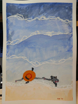 beach bird's-eye_view clothing duo female hand_holding hat headgear headwear high-angle_view male male/female sand sea sun_hat water wave otterwolfashe mammal procyonid raccoon 3:4 absurd_res hi_res painting_(artwork) traditional_media_(artwork) traditional_painting_(artwork) traditional_watercolor_(artwork) watercolor_(artwork)