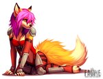 anthro armor breasts cleavage clothed clothing female fluffy fluffy_tail footwear hair legwear pink_hair purple_hair simple_background socks solo tail text toeless_footwear toeless_socks white_background yellow_eyes falvie sonia_(rukaisho) canid canine fox mammal red_fox true_fox digital_media_(artwork) english_text