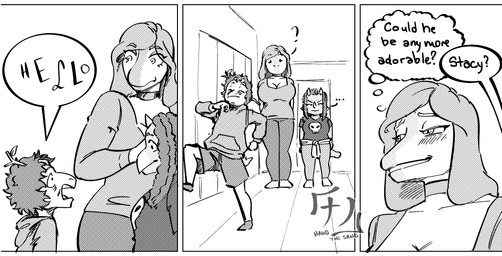 anthro big_breasts blush blush_lines bottomwear breasts cleavage clothed clothing dreadlocks ellipsis eyelashes female group hair height_theme hoodie larger_female long_hair male question_mark shirt shorts size_difference smaller_female smaller_male stick_in_hair t-shirt talking_to_another text thought_bubble topwear trio nanothesand cavemanon_studios goodbye_volcano_high ko_op_(game_developer) snoot_game babs_(snoot_game) milhouse_(gvh) stacy_(gvh) allosauroid ankylosaurian ankylosaurid ankylosaurus carcharodontosaurid dilophosaurid dilophosaurus dinosaur giganotosaurus ornithischian prehistoric_species reptile saurischian scalie theropod thyreophoran english_text hi_res monochrome