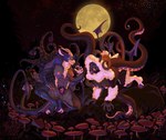 anthro balls big_balls big_breasts breasts claws clitoris duo fangs female forest forest_background full_moon fungus genitals grass hooves horizontal_pupils horn inner_ear_fluff looking_at_viewer moon multi_eye multi_tail mushroom mushroom_cap nature nature_background neck_tuft night outside plant pseudo_hair pupils pussy rock sharp_teeth sky spikes spines star starry_sky tail teeth tentacle_hair tentacles tree tuft flabberd bovid caprine demon elemental_creature fungi_fauna goat hybrid mammal monster sheep