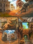 3:4 amon_(rukis) anthro canid canine canis chasing clothed clothing collar comic dhaval_(character) dialogue digital_media_(artwork) duo english_text felid fisheye_lens furgonomics jackal male mammal metal_collar pantherine red_lantern rukis speech_bubble tail tail_button_bottoms tail_clothing text tiger topless