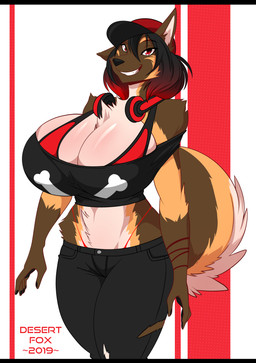 anthro big_breasts biped breasts clothed clothing electronics female fully_clothed hair hat headgear headphones headphones_around_neck headwear huge_breasts red_eyes smile solo year sagestrike2 canid canine canis domestic_dog german_shepherd herding_dog mammal pastoral_dog 2019 absurd_res better_version_at_paywall hi_res