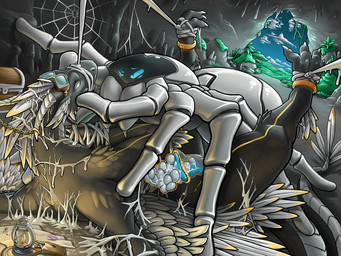 arms_tied black_body blue_eyes bound cave detailed_background duo egg eyewear eyewear_on_head feathers female feral genitals goggles goggles_on_head gold_(metal) gold_jewelry grass horn jewelry legs_tied legs_up lying machine male male/female markings on_back on_front orgasm ovipositor penetration penis plant questionable_consent spider_web spread_wings tail teeth_showing vaginal vaginal_penetration white_body white_feathers white_horn wings yellow_eyes yellow_markings bicikliszelep mythology gerlach wi_(dewith) arachnid arthropod dragon mythological_creature mythological_scalie robot scalie spider synth_(vader-san) 2026 4:3 hi_res